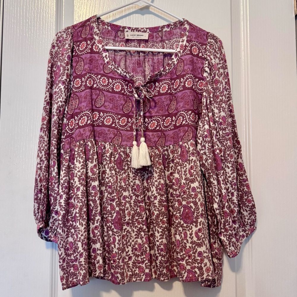 Lucky Brand Pink Multi Print Mix Boho Peasant Style Blouse Women’s Size Large - Picture 2 of 13